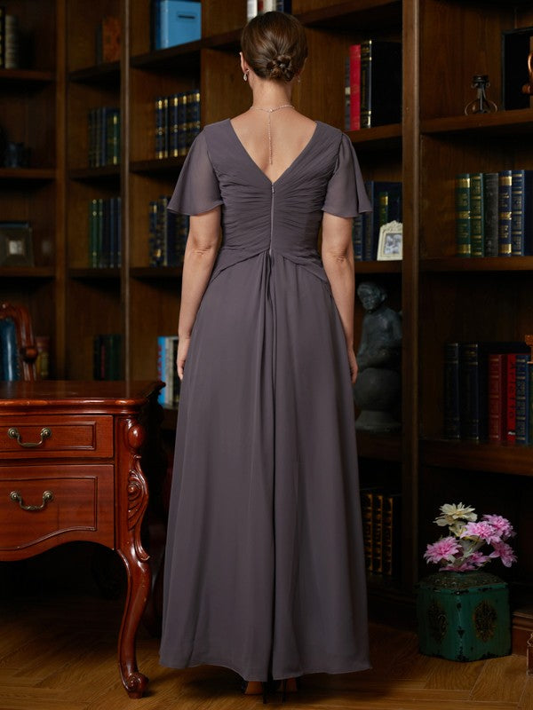 Wholesale A-Line/Princess Chiffon Ruched V-neck Short Sleeves Floor-Length Mother of the Bride Dresses